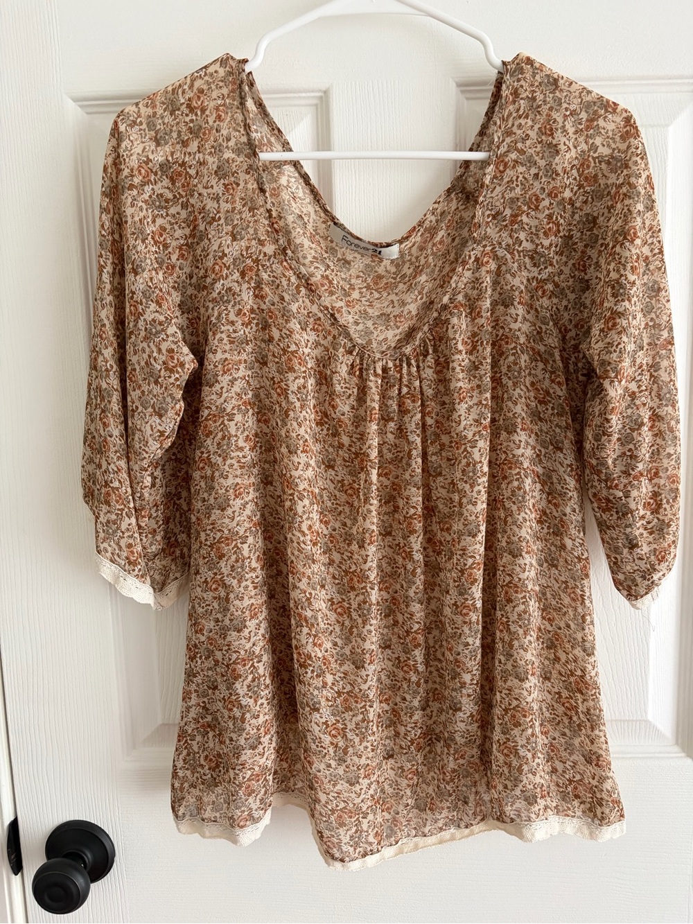 Forever 21 Brown and Cream Floral Peasant Blouse